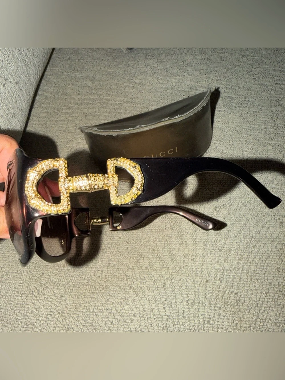 Gucci Women’s Brown Sunglasses with Gold Crystal Interlocking Detail